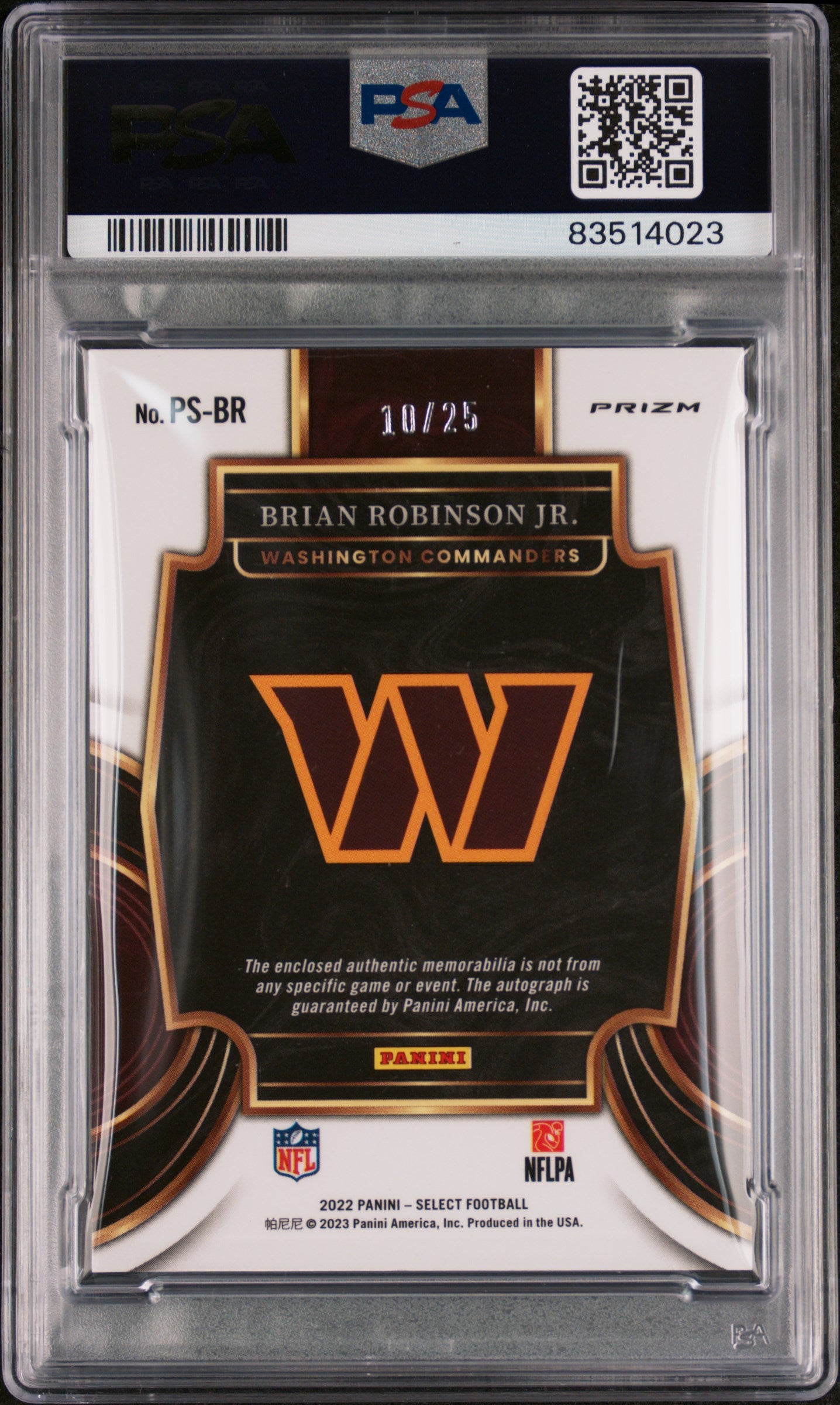 2022 Select Brian Robinson Jr. 10/25 Prime Selections Tie-Dye Patch Auto PSA 8