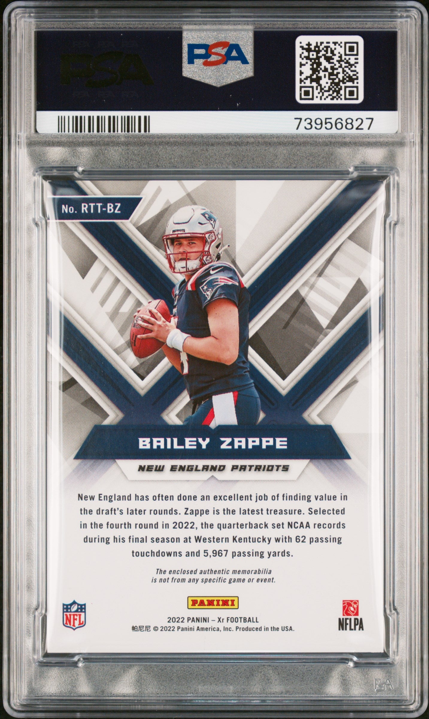 2022 XR #RTT-BZ Bailey Zappe RC Triple Threats Materials Green PSA 8 3/5