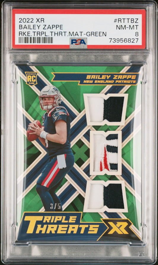 2022 XR #RTT-BZ Bailey Zappe RC Triple Threats Materials Green PSA 8 3/5