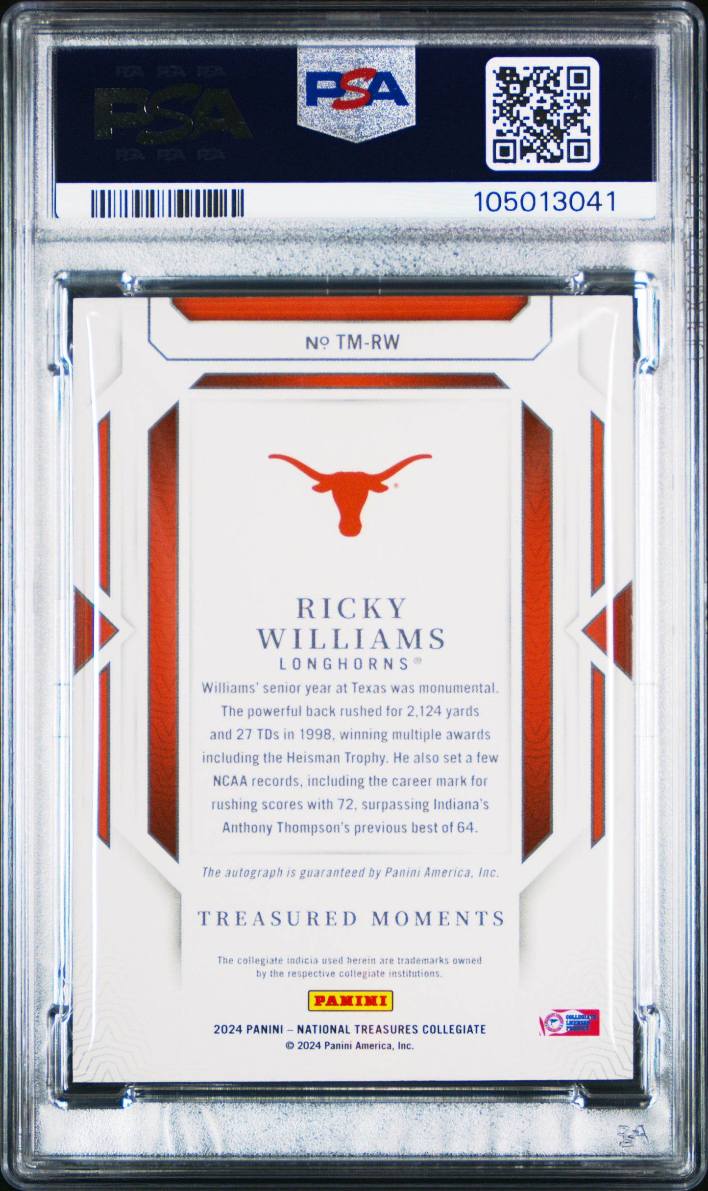 2024 National Treasures Ricky Williams Treasured Moments Auto Silver PSA 8 /39