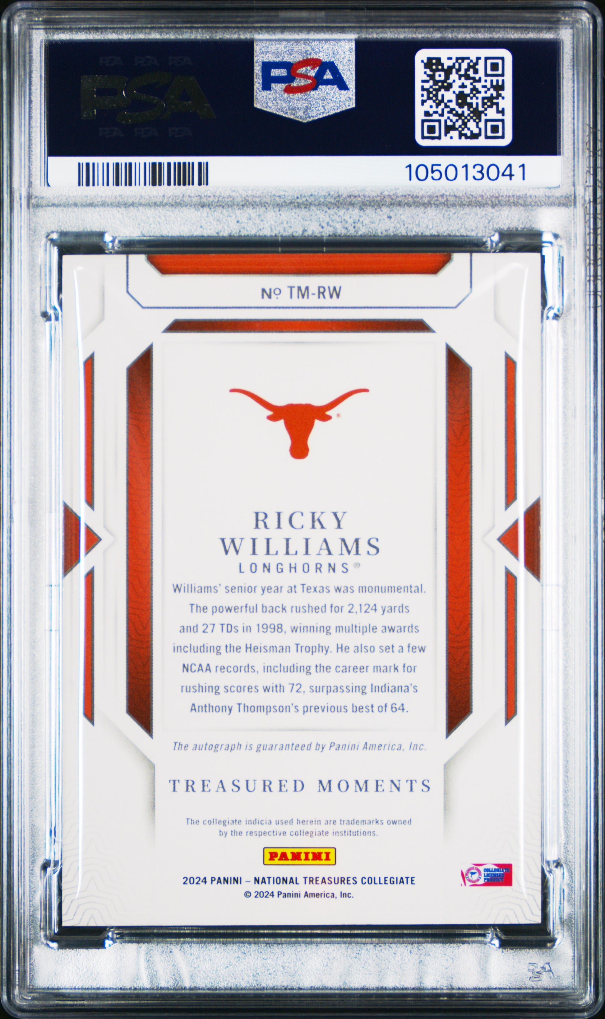2024 National Treasures Ricky Williams Treasured Moments Auto Silver PSA 8 /39