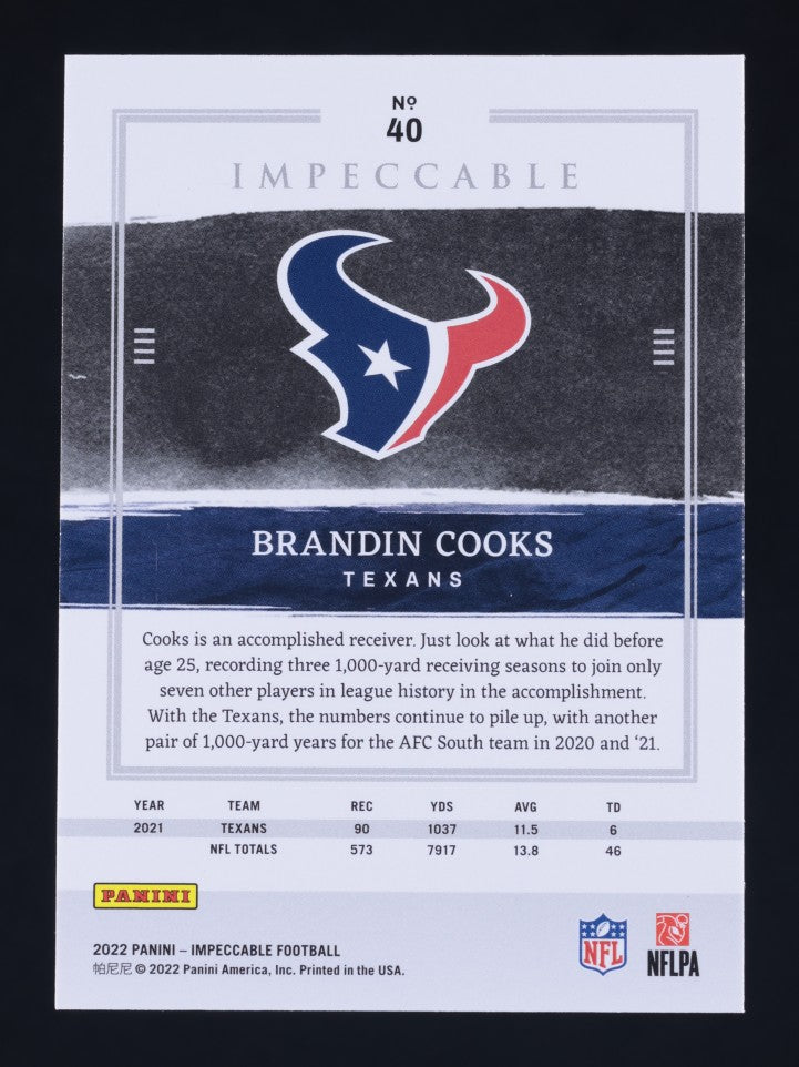 BRANDIN COOKS 2022 Panini Impeccable 11/25 Houston Texans SSP Parallel No. 40